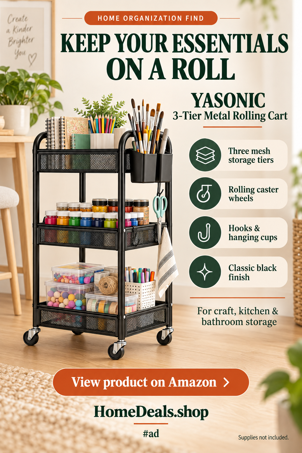 YASONIC 3-Tier Metal Rolling Cart
