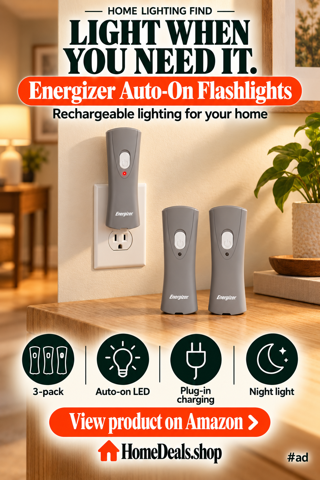 Auto-On LED Flashlights, 3-Pack with Plug-In Charging
