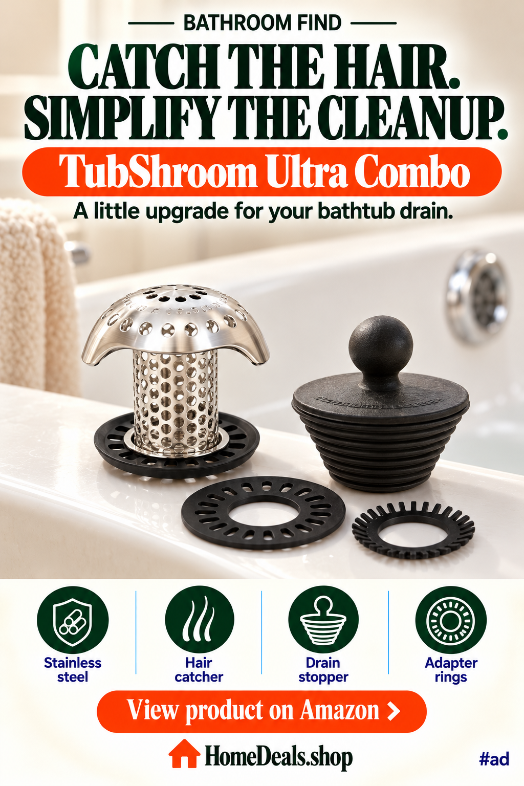 Stainless Steel Bathtub Drain Hair Catcher with Stopper