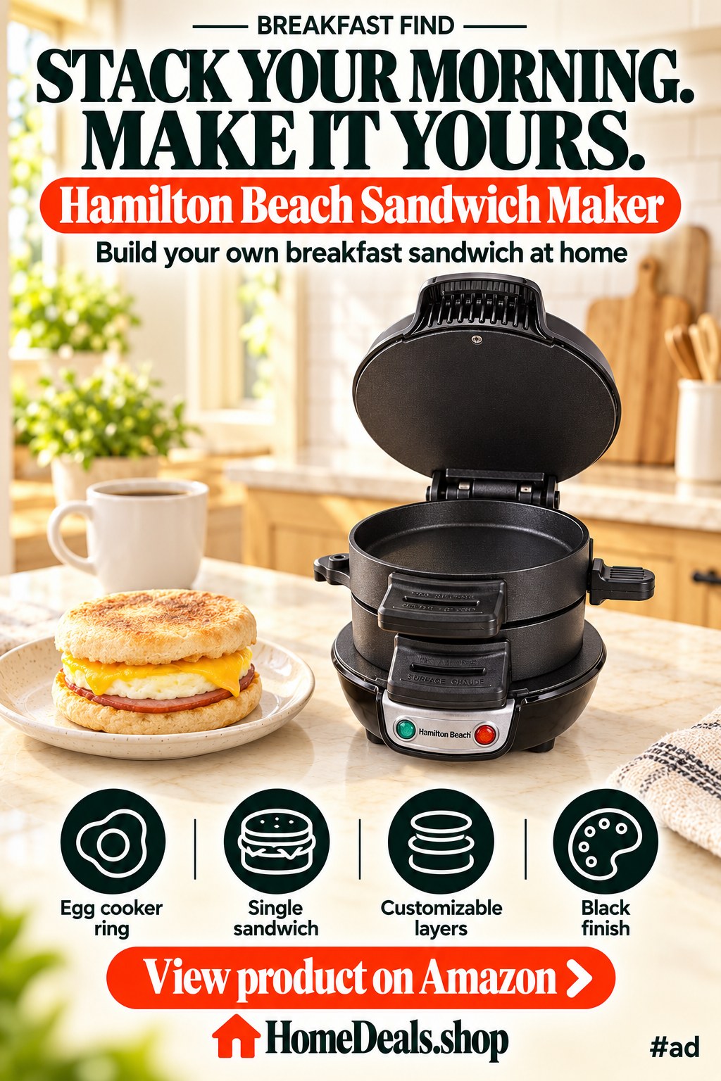 Breakfast Sandwich Maker with Egg Cooker Ring, Black