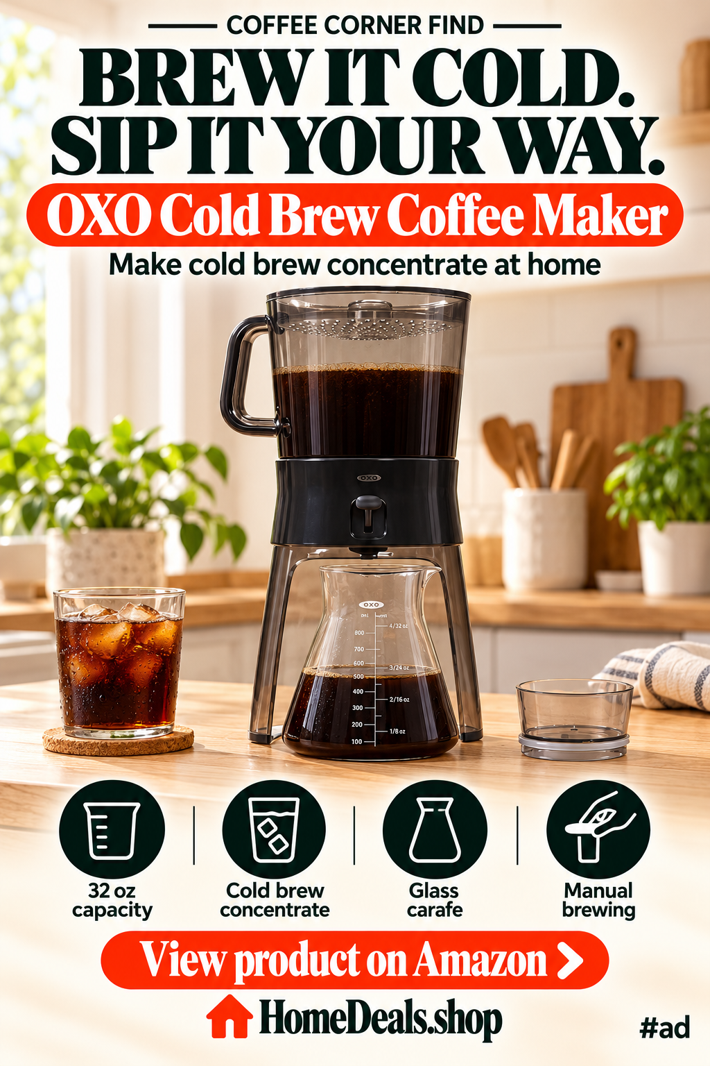 Cold Brew Coffee Maker, 32 oz with Glass Carafe
