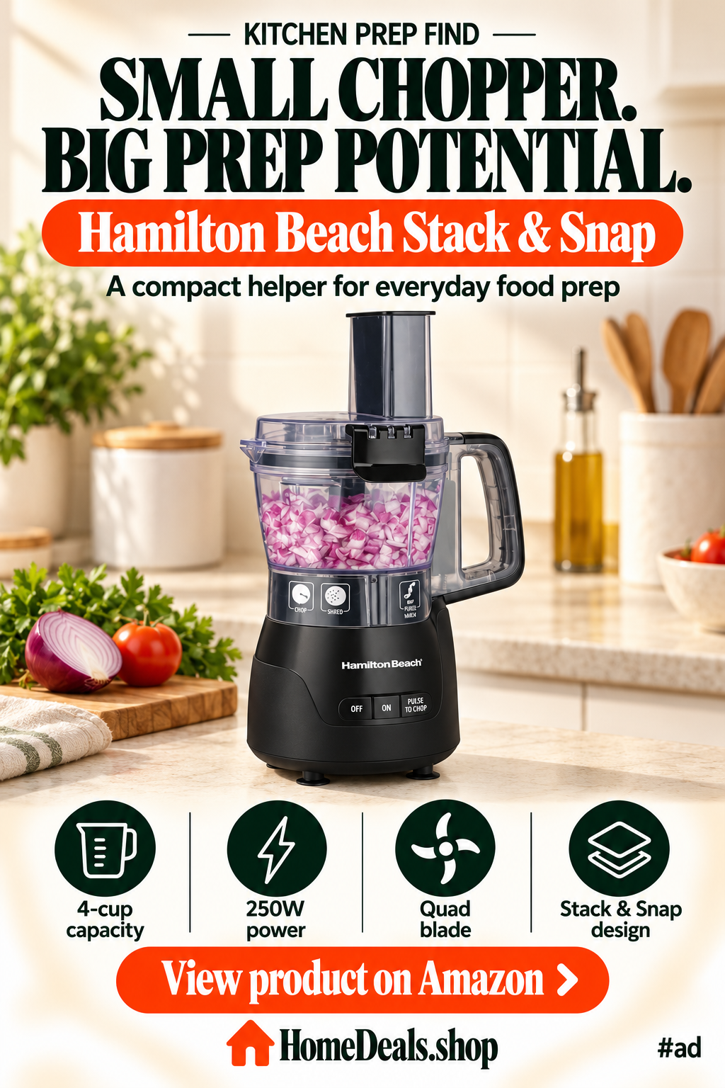 Compact 4-Cup Food Processor, 250W with Quad Blade