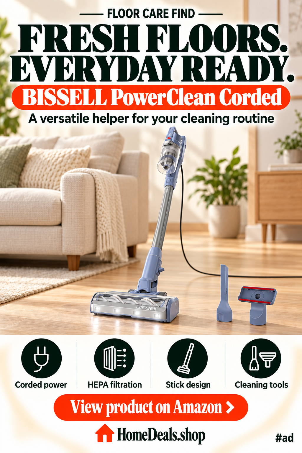 Corded Stick Vacuum with HEPA Filtration and Tools