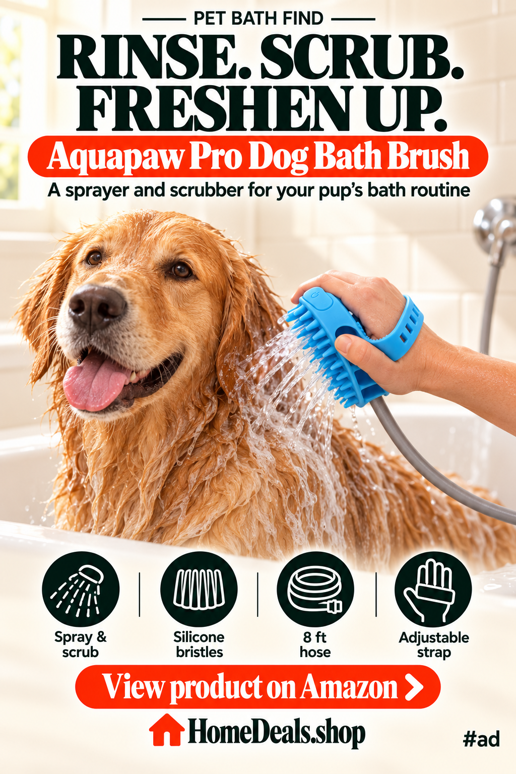 Dog Bath Brush Sprayer with Silicone Bristles and 8 ft Hose