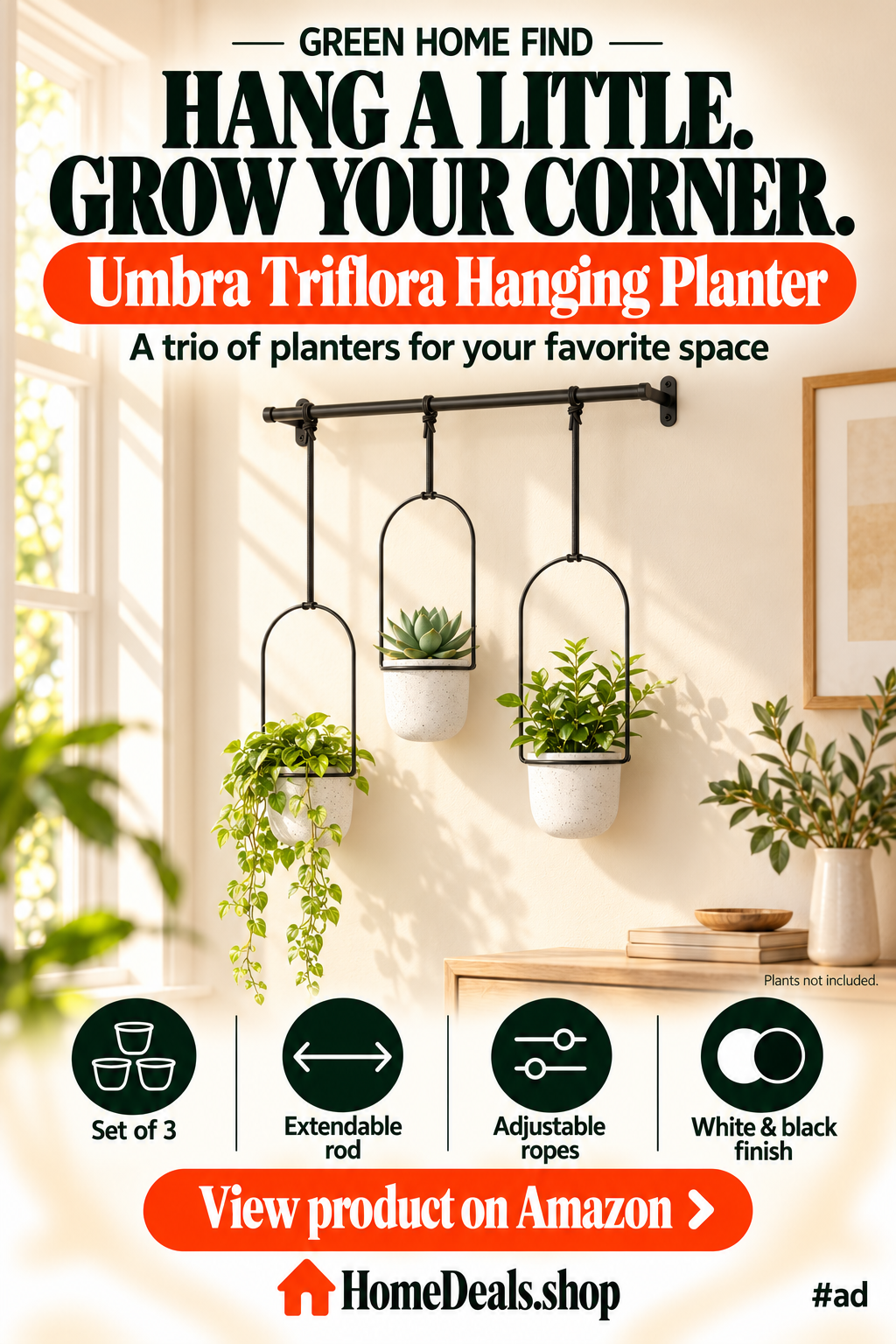 Hanging Planter Set of 3 with Extendable Rod
