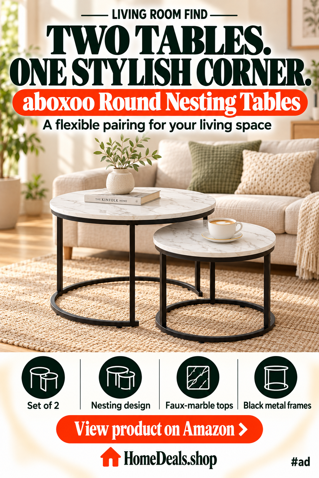 Round Nesting Coffee Tables, Set of 2 with Faux-Marble Tops