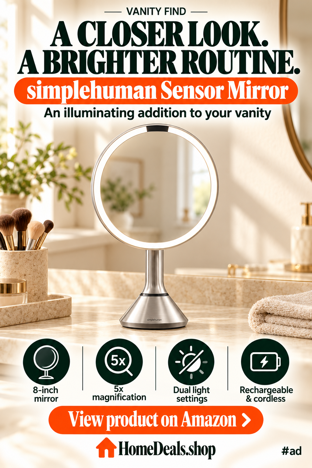 8-Inch Sensor Vanity Mirror with 5x Magnification, Rechargeable