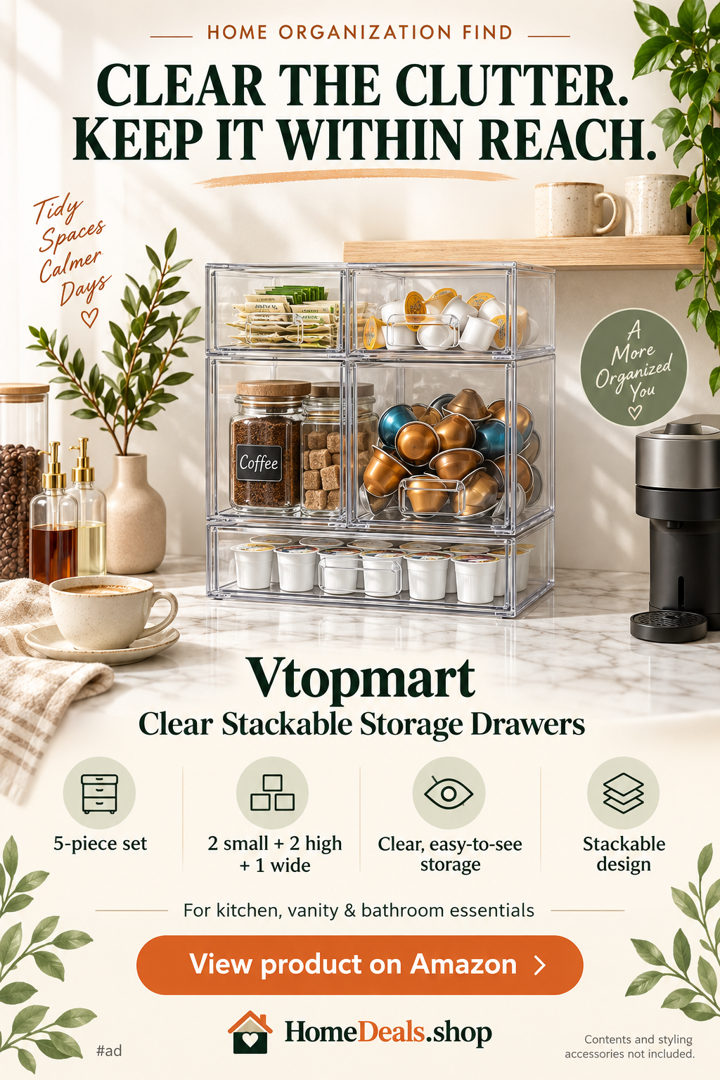 Vtopmart Clear Stackable Storage Drawers (5-Piece Set)