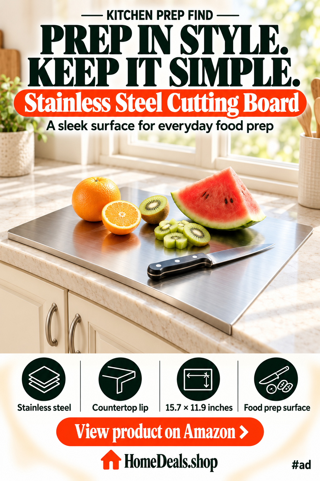 Stainless Steel Cutting Board with Countertop Lip, 15.7 x 11.9 in