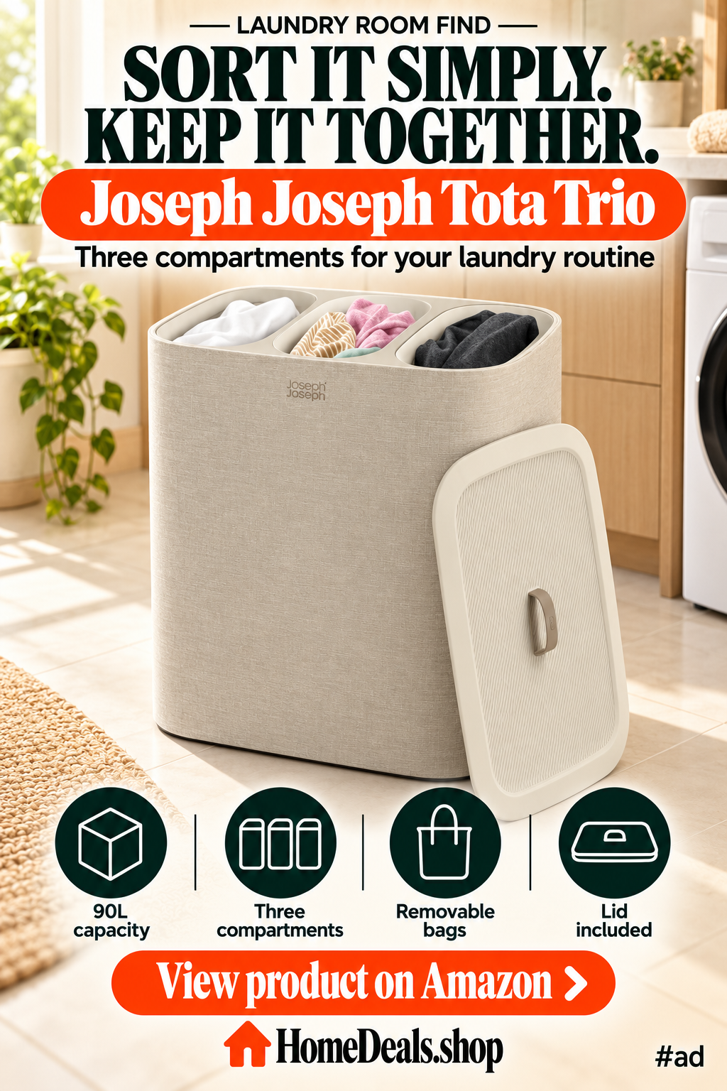 90L Laundry Hamper with 3 Compartments and Removable Bags