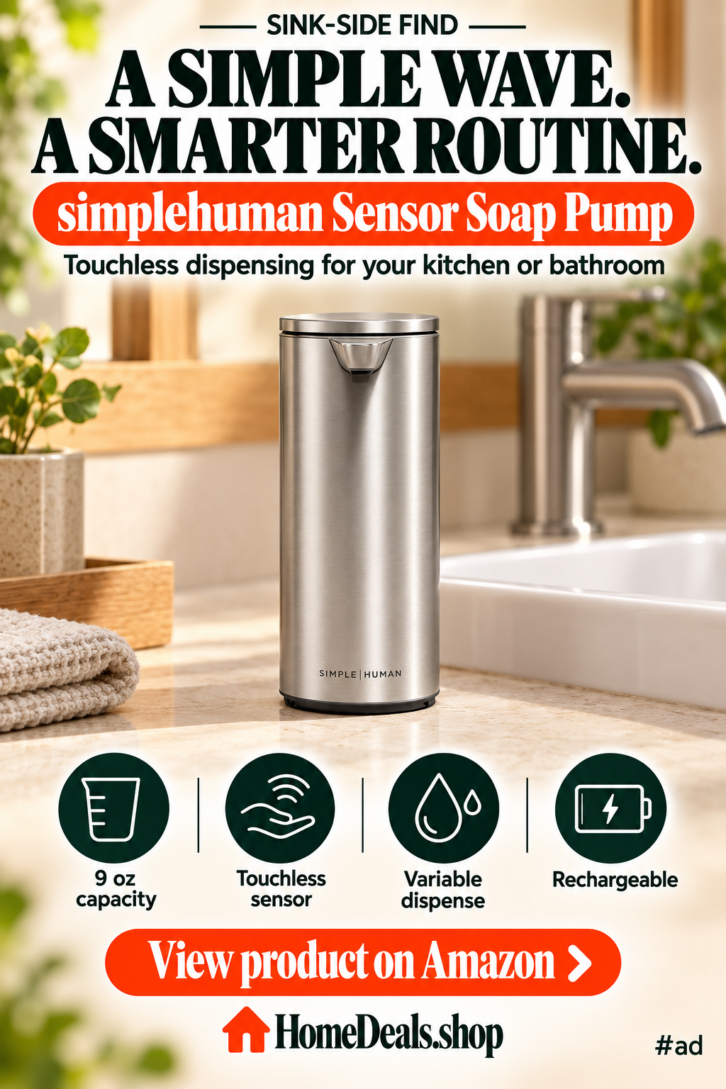 Touchless Sensor Soap Pump, 9 oz and Rechargeable