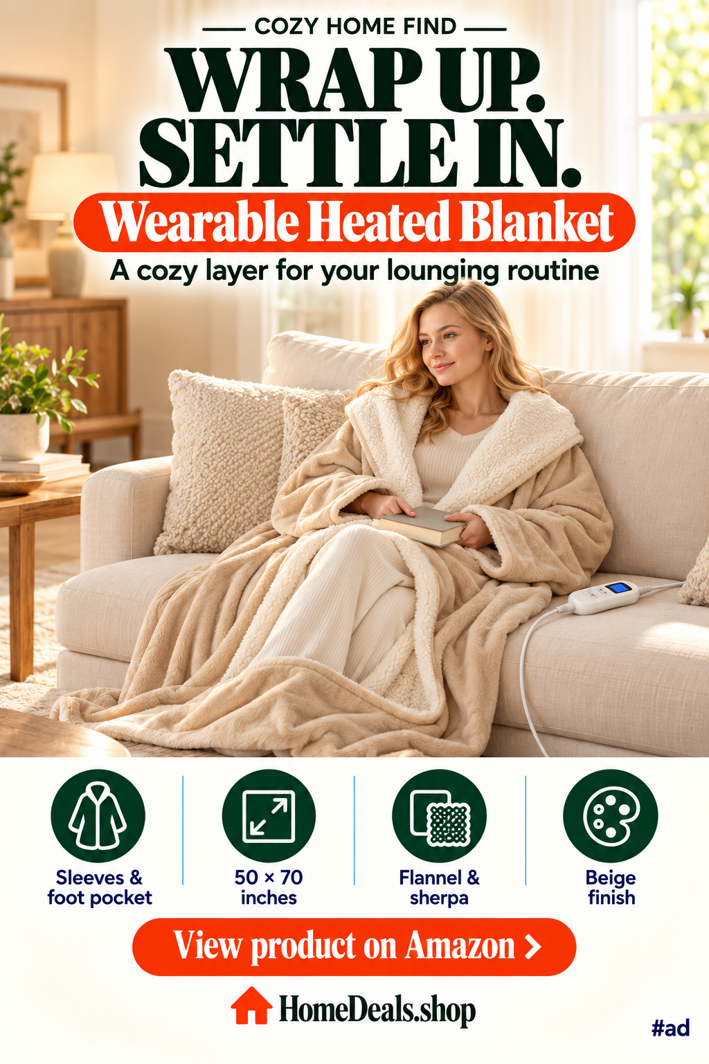 Wearable Heated Blanket with Sleeves and Foot Pocket
